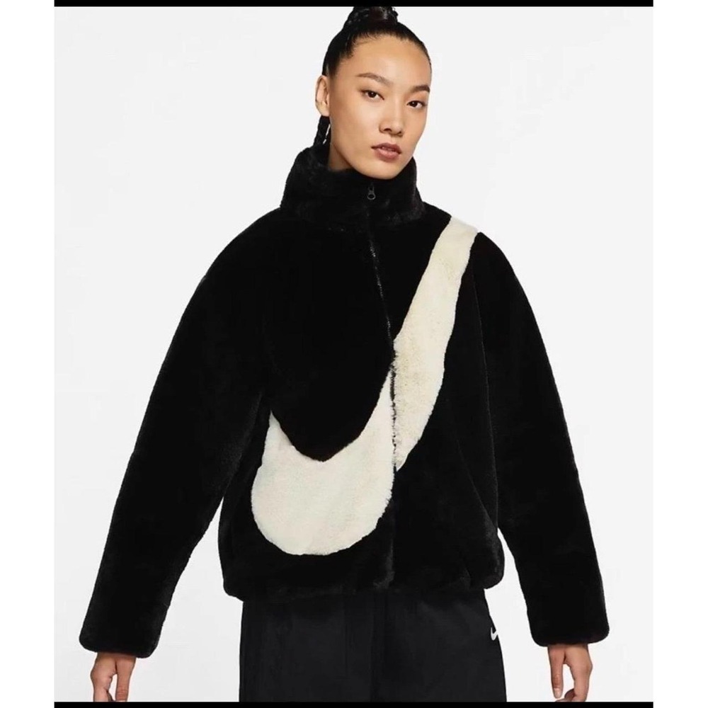 Womens Nike Faux Fur Swoosh Black Fossil Full Zip Oversized Jacket